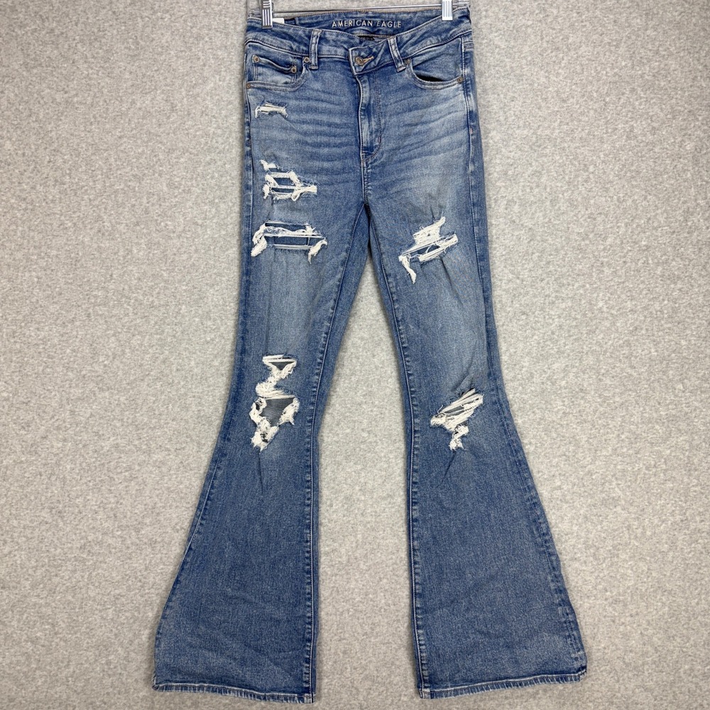 American‎ Eagle Flare Jeans Women 8 Long Blue Distressed Next Level Stretch